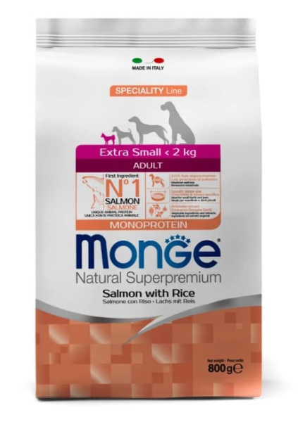 Каталог Сухой корм для собак Monge Dog Monoprotein Extra Small Adult (лосось, рис) для собак
