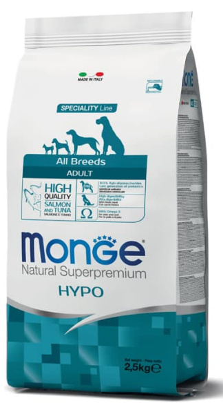 Каталог Сухой корм для собак Monge Dog Hypo Adult All Breeds (лосось,тунец) для собак
