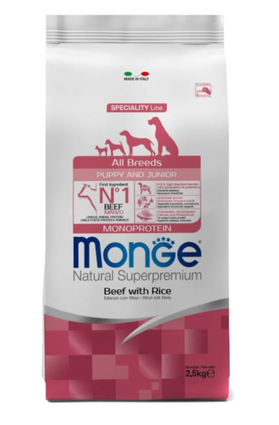 Еда для щенков Monge Monoprotein Puppy & Junior All Breeds (говядина, рис)