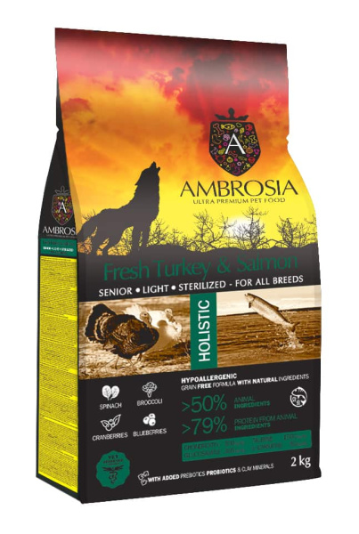 Еда для собак с ожирением Сухой корм для собак Ambrosia Grain Free Dog Adult Light (индейка, лосось)
