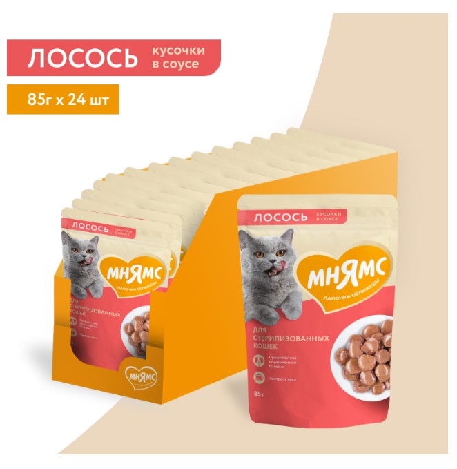 Влажный корм Мнямс Кусочки в соусе с лососем для стерилизованных кошек