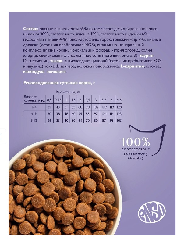 Сухой корм для котят Enso Cat Formula Perfect start Kitten (ягненок, тыква)