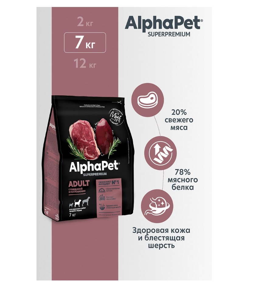 Сухой корм для собак средних пород AlphaPet Superpremium Adult Dog Medium (говядина, потрошки)