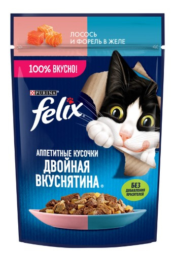 Влажный корм для кошек Felix Аппетитные кусочки Двойная вкуснятина в желе (лосось, форель)