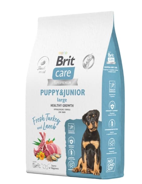 Пища для щенков и молодых собак  Сухой корм для щенков Brit Care Dog Puppy&Junior L Healthy Growth (индейка, ягненок)