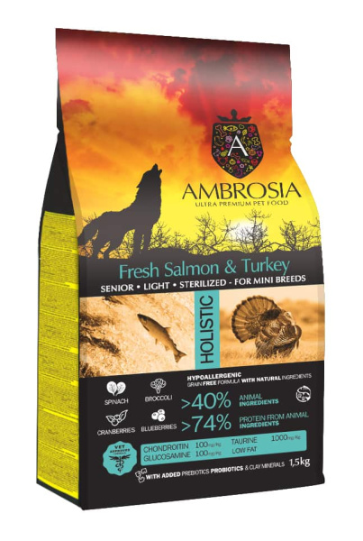 Еда для пожилых мелких собак Сухой корм для собак Ambrosia Grain Free Senior Mini Light (лосось, индейка)