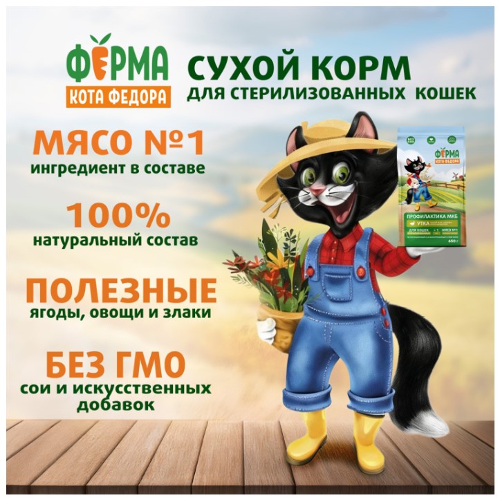 Сухой корм для взрослых стерилизованных кошек Ферма кота Федора с уткой