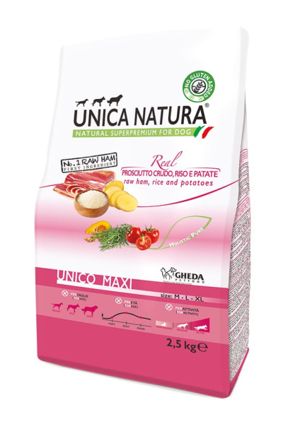 Питание для собак Сухой корм для собак Unica Natura Unico Maxi (Сыровяленая ветчина, рис, картофель)