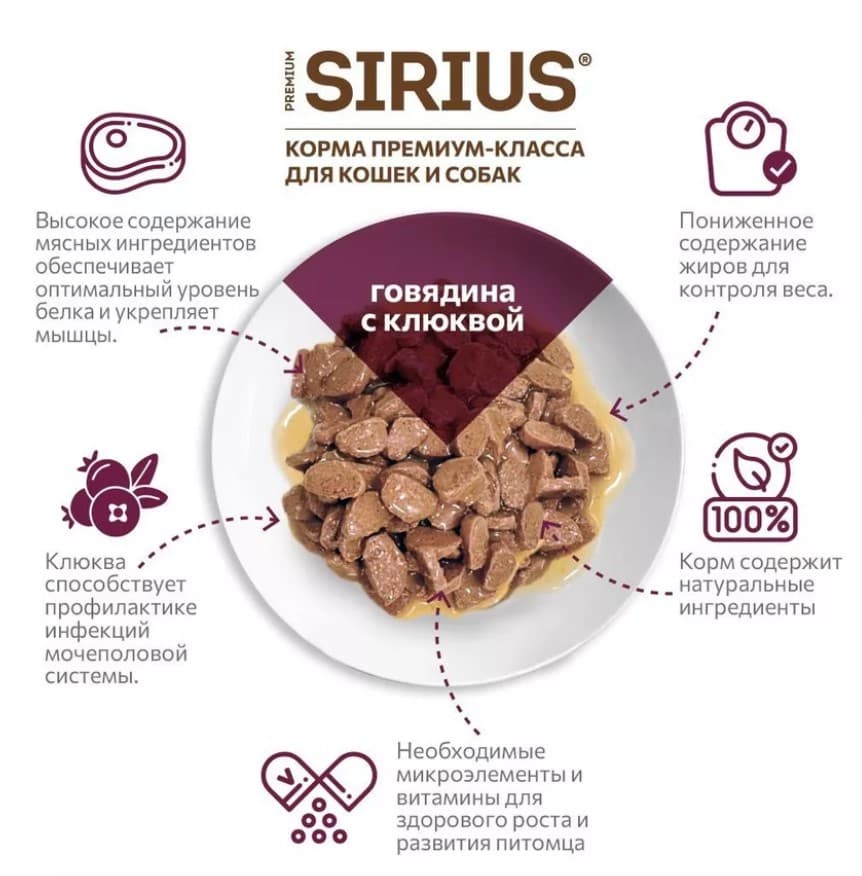 Влажный корм для стерилизованных кошек Sirius Adult Cat (говядина, клюква) 