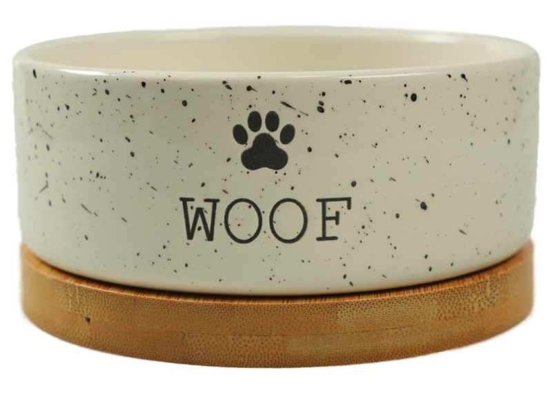 Миска Mr.Kranch Bamboo WOOF керамическая белая на бамбуковой подставке