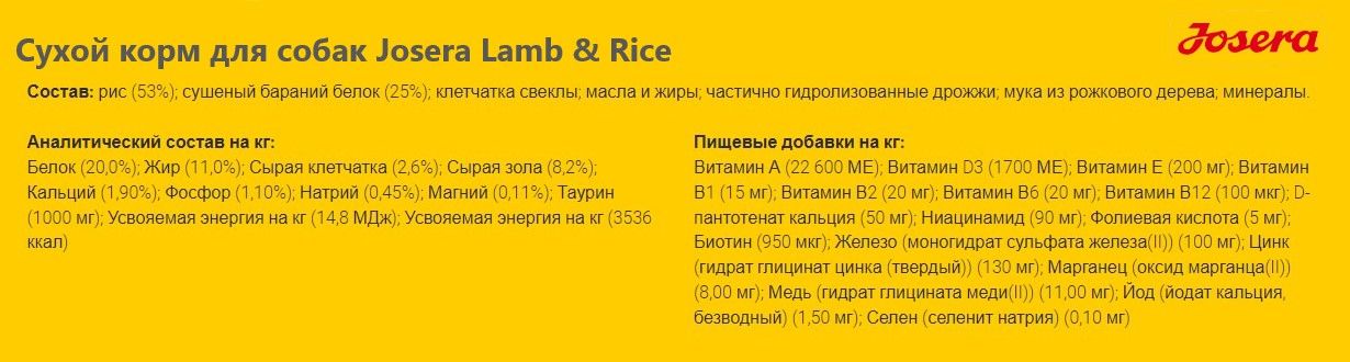 Рацион для собак Josera Lamb & Rice 