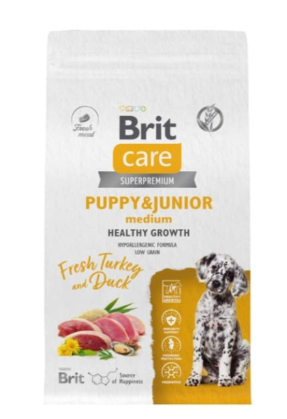 Каталог Сухой корм для щенков Brit Care Dog Puppy&Junior M Healthy Growth (индейка, утка) для щенков и молодых собак
