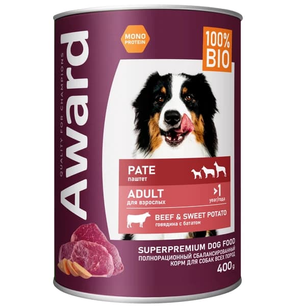Рацион для собак в виде паштета Award Dog (говядина с бататом)