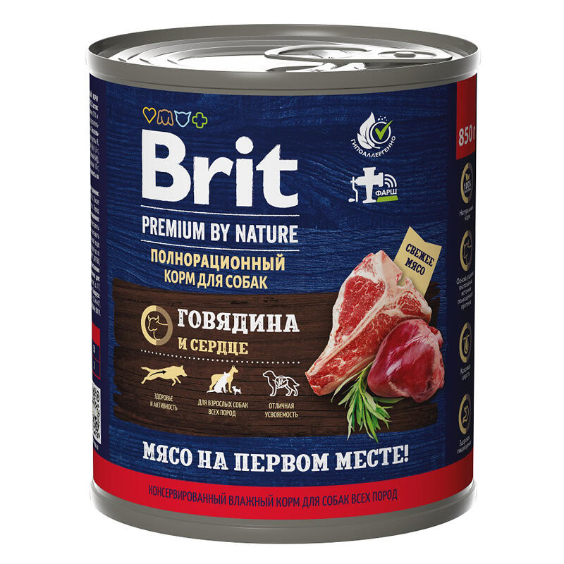 Пресервы для собак  Консервы для собак Brit Premium by Nature Сердце и говядина 850 гр