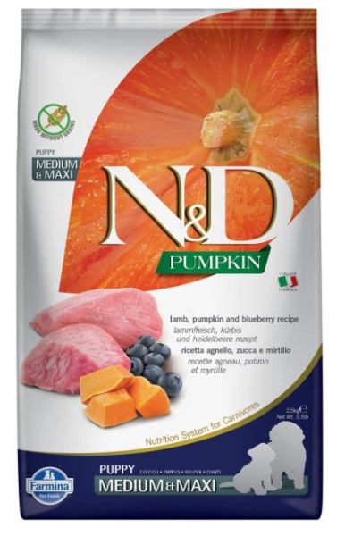 Полнорационный Корм Farmina N&D GF Pumpkin Lamb & Blueberry Puppy Medium & Maxi (ягненок, тыква, черника)