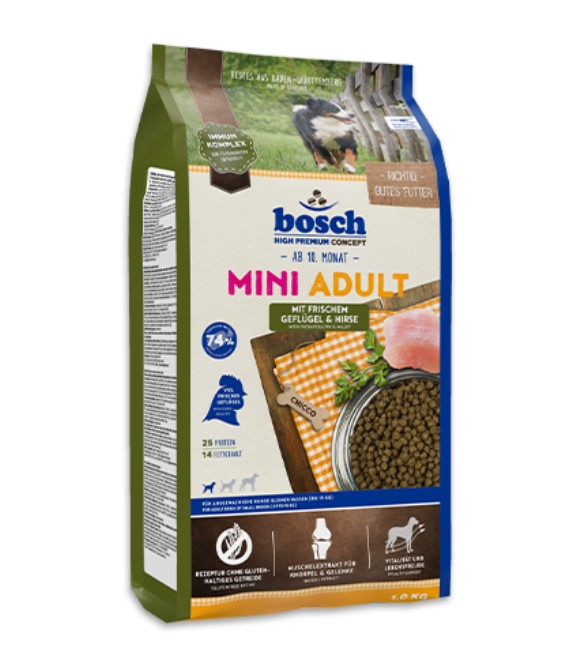 Каталог Сухой корм для собак мини пород Bosch Mini Adult (птица с просо) для собак