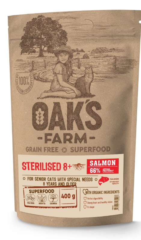 Сухой корм для зрелых стерилизованных кошек OAK'S FARM Grain Free Sterilised 8+ Adult Cat (лосось)