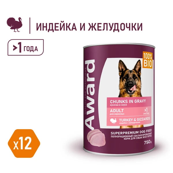 Пища для собак Консервы для собак Award Dog (индейка с желудочками в соусе)