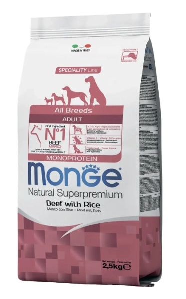 Каталог Сухой корм для собак Monge Dog Monoprotein Adult All Breeds (говядина, рис) для собак