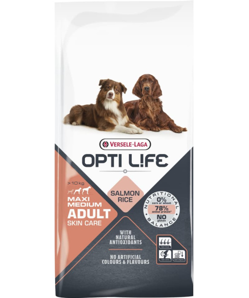 Каталог Сухой корм для собак Opti Life Adult Skin Care Medium&Maxi (лосось, рис) для собак