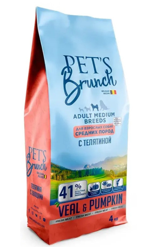 Каталог Сухой корм для собак средних пород Pet's Brunch Adult Medium Breeds (телятина, тыква) для собак