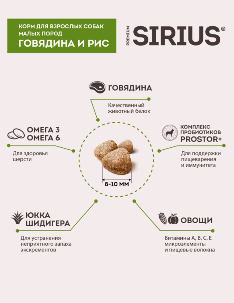 Каталог Сухой корм для собак мелких пород Sirius Small Adult (говядина, рис) для собак
