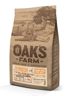 Каталог Сухой корм для щенков OAK'S FARM Grain Free Junior Small and Mini Breed Dogs (лосось, криль) для собак