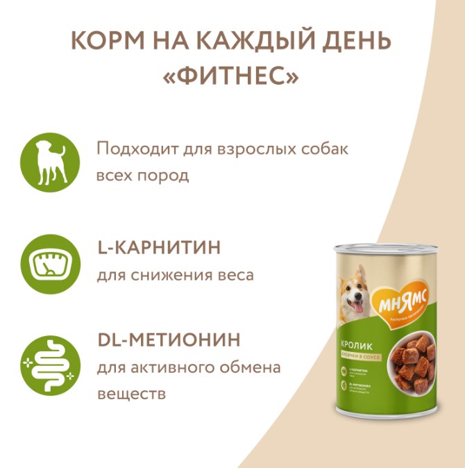 Влажный корм Мнямс Кусочки в соусе с кроликом для собак всех пород «ФИТНЕС»