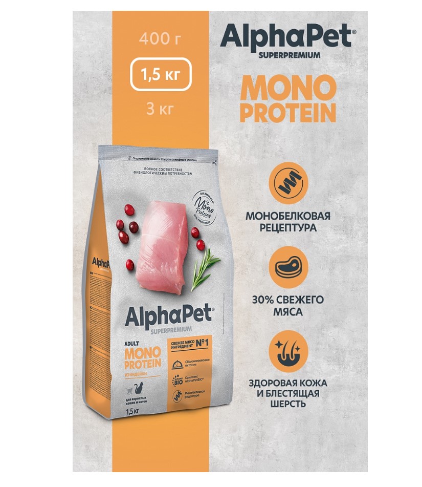 Сухой корм для кошек AlphaPet Monoprotein Adult Cat (индейка)