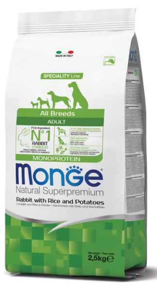 Каталог Сухой корм для собак Monge Dog Monoprotein Adult All Breeds (кролик, рис) для собак