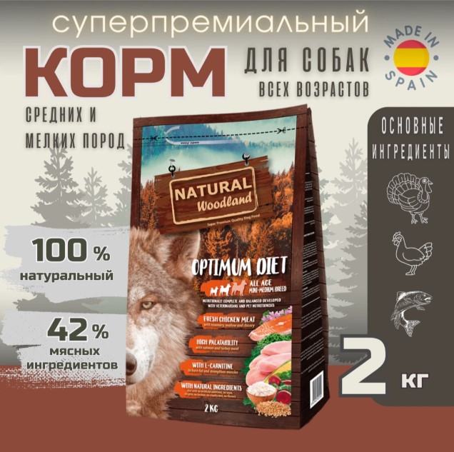 Сухой корм для собак Natural Woodland Optimum Mini & Medium All Age (индейка, курица)