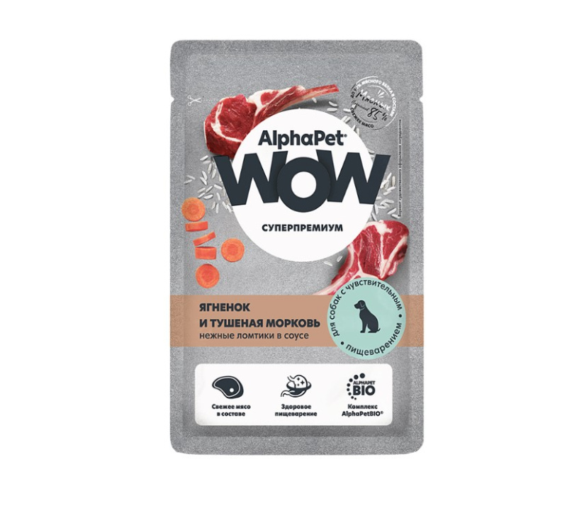 Влажный корм для собак AlphaPet Wow Adult Dog в соусе (ягненок, тушеная морковь)