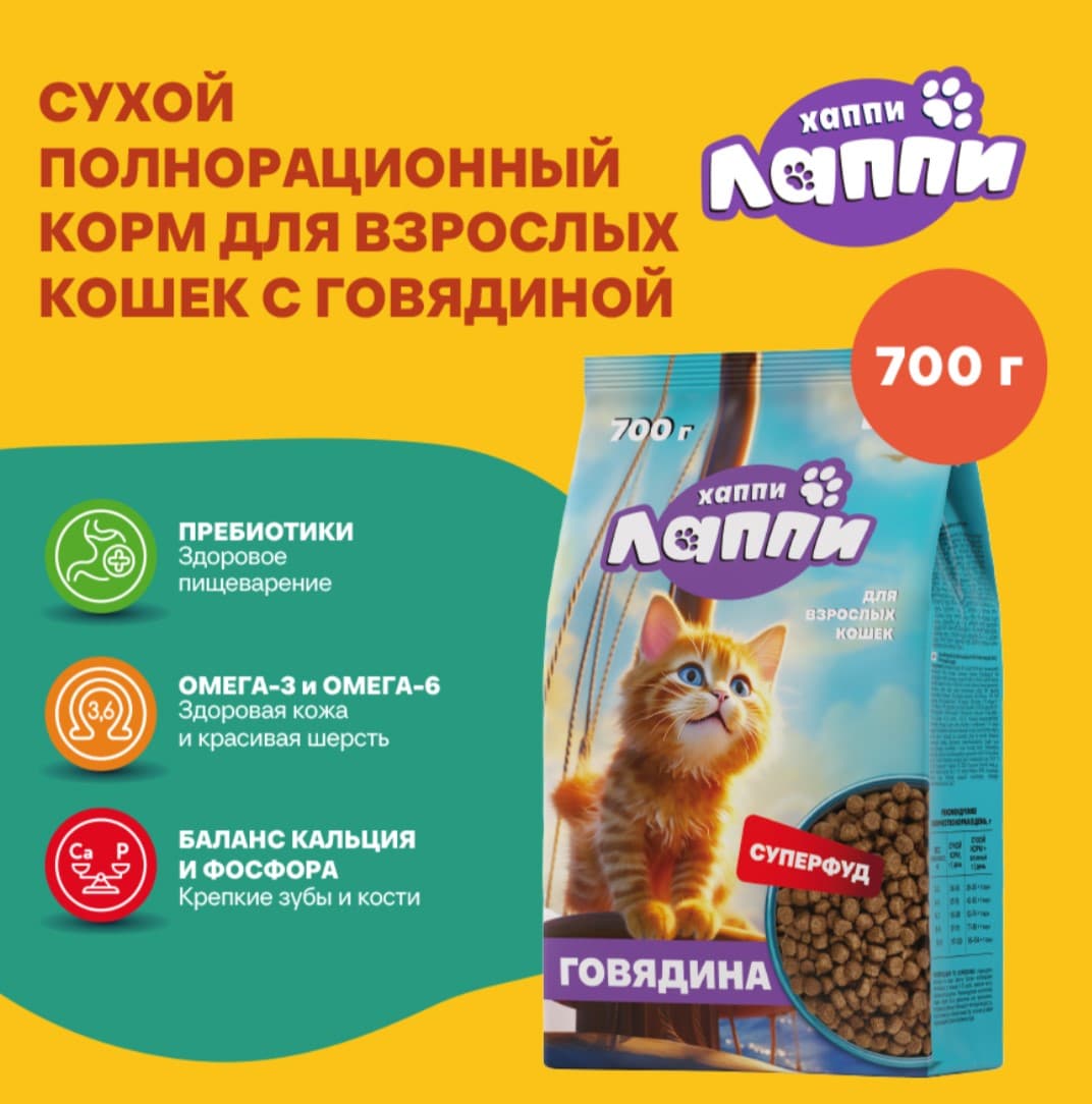 Сухой корм для кошек Хаппи Лаппи Adult Cat (говядина)