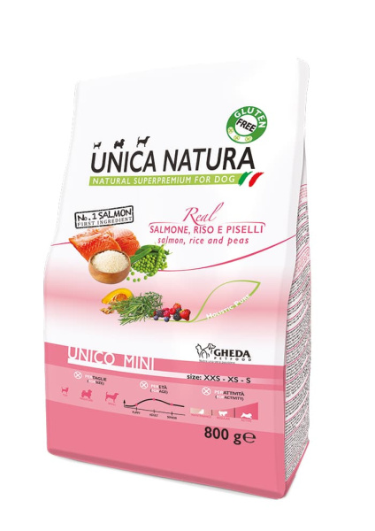 Еда для собак мелких пород Сухой корм для собак Unica Natura Unico Mini (Лосось, рис и горох)