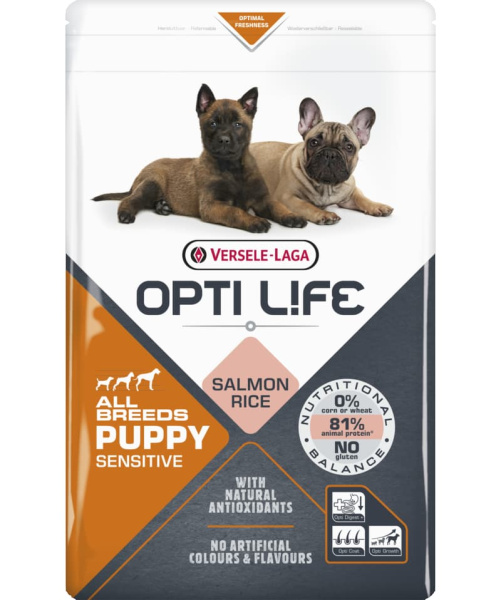 Каталог Сухой корм для щенков Opti Life Puppy Sensitive All Breeds (лосось, рис) для собак
