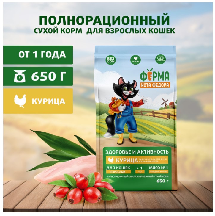 Сухой корм для взрослых кошек Ферма кота Федора с курицей