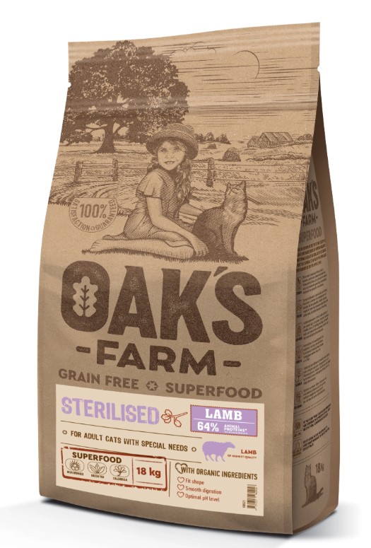 Сухой корм для стерилизованных кошек OAK'S FARM Grain Free Sterilised Adult Cat (ягненок)