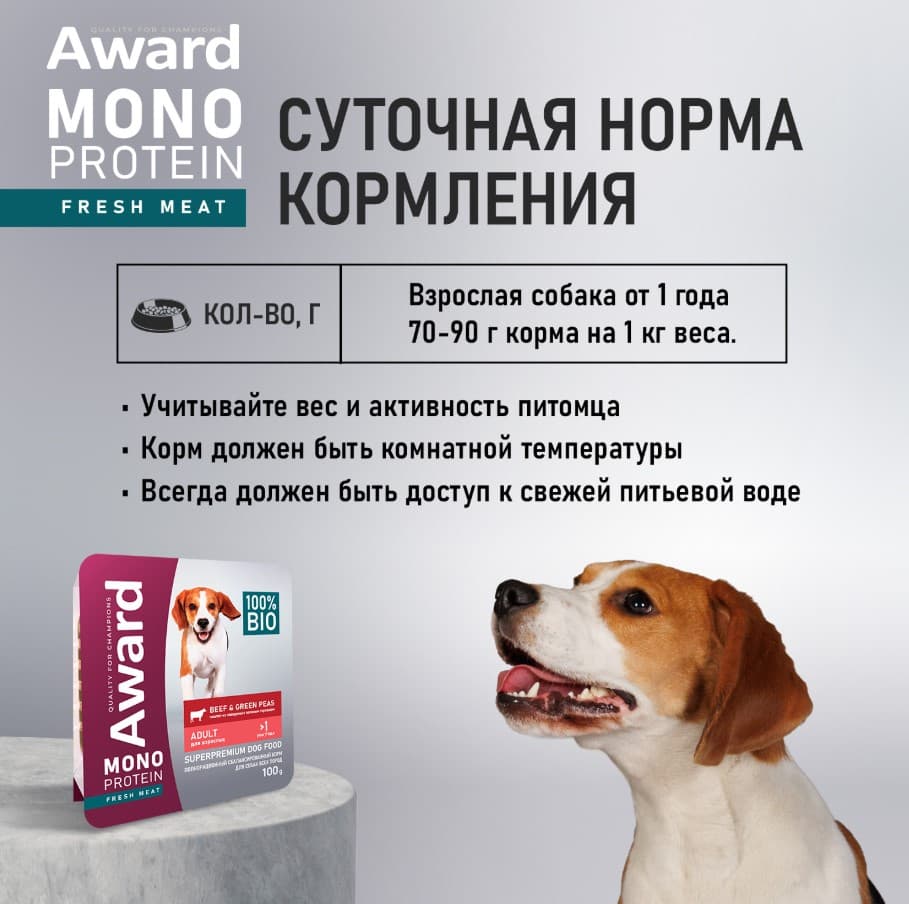 Влажный корм для собак AWARD Monoprotein паштет из говядины с зеленым горошком