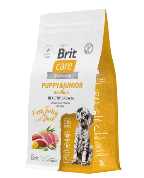 Каталог Сухой корм для щенков Brit Care Dog Puppy&Junior M Healthy Growth (индейка, утка) для щенков и молодых собак