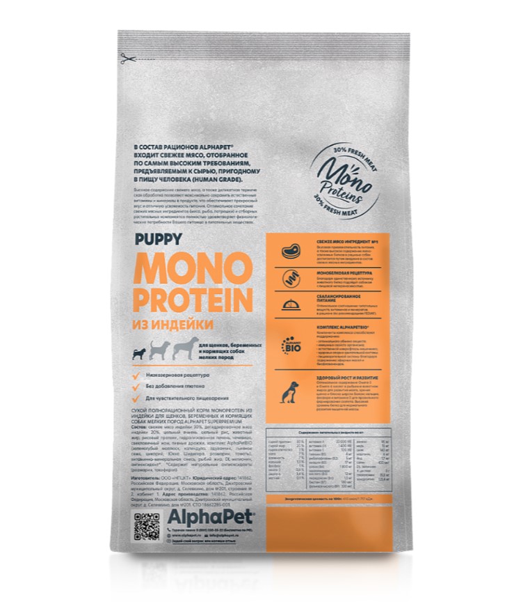 Сухой корм для щенков мелких пород AlphaPet Monoprotein Puppy Small (индейка)