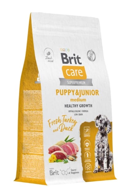 Каталог Сухой корм для щенков Brit Care Dog Puppy&Junior M Healthy Growth (индейка, утка) для щенков и молодых собак