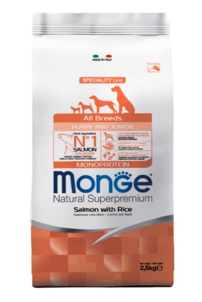 Каталог Сухой корм для щенков Monge Monoprotein Puppy & Junior All Breeds (лосось, рис) для собак