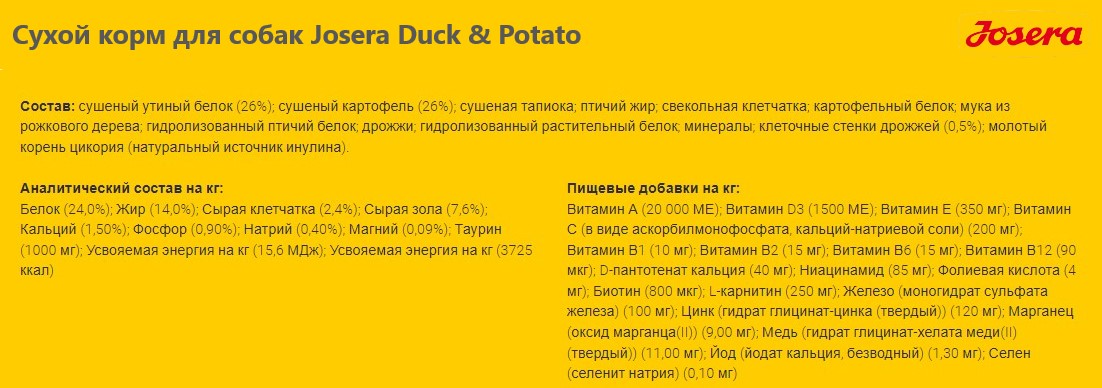 Каталог Сухой корм для собак Josera Duck & Potato для собак