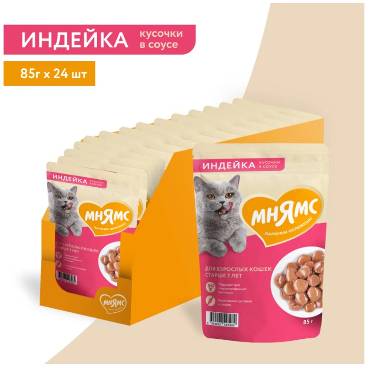 Влажный корм Мнямс На каждый день Кусочки в соусе с индейкой для кошек старше 7 лет