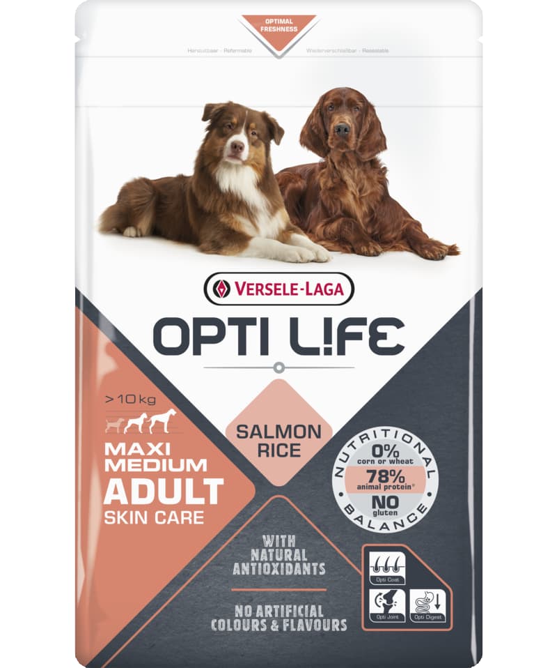 Каталог Сухой корм для собак Opti Life Adult Skin Care Medium&Maxi (лосось, рис) для собак