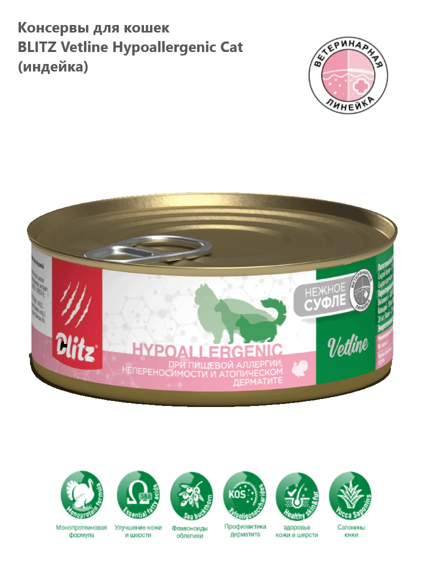 Консервы для кошек BLITZ Cat Vetline Hypoallergenic (индейка)