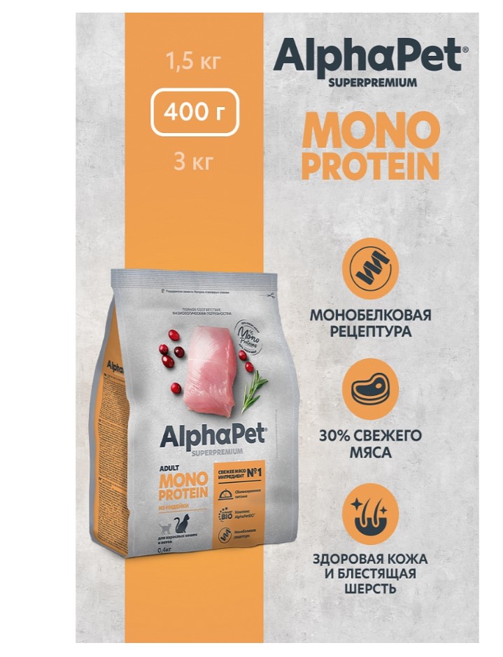 Сухой корм для кошек AlphaPet Monoprotein Adult Cat (индейка)