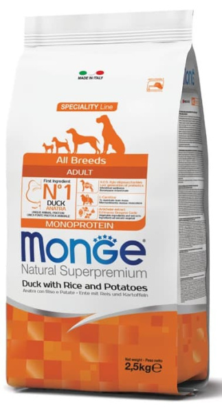 Каталог Сухой корм для собак Monge Dog Monoprotein Adult All Breeds (утка, рис, картофель) для собак