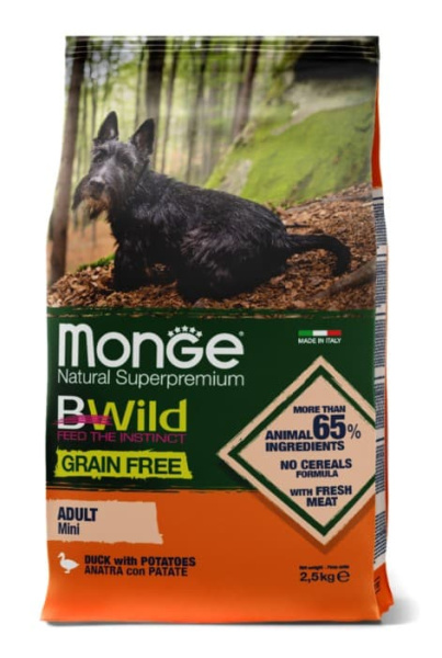 Каталог Сухой корм для собак Monge Dog BWild GF Adult Mini (утка, картофель) для собак