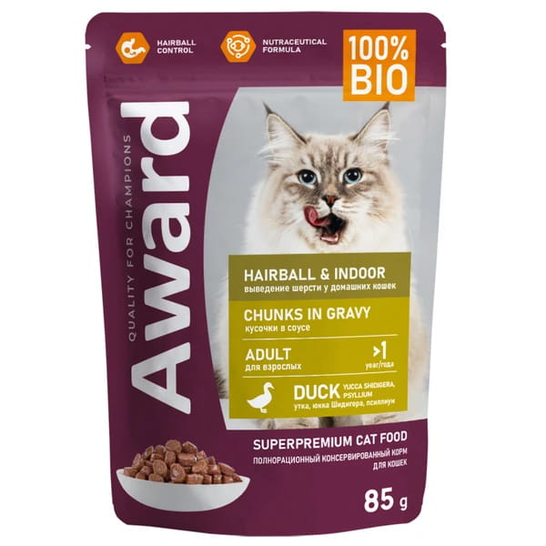 Консервы для кошек Влажный корм для кошек Award Cat Hairball & Indoor (утка в соусе)